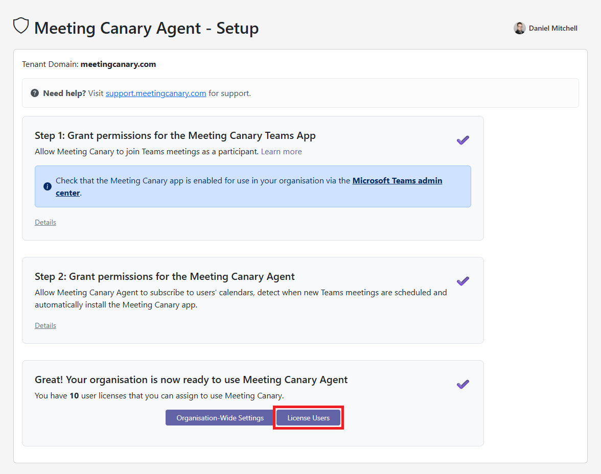 Meeting Canary Agent Setup complete page