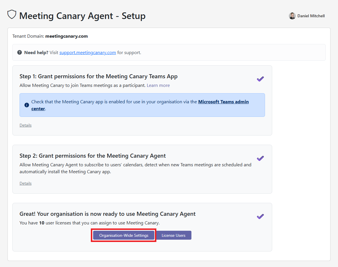 Meeting Canary Agent Setup complete page