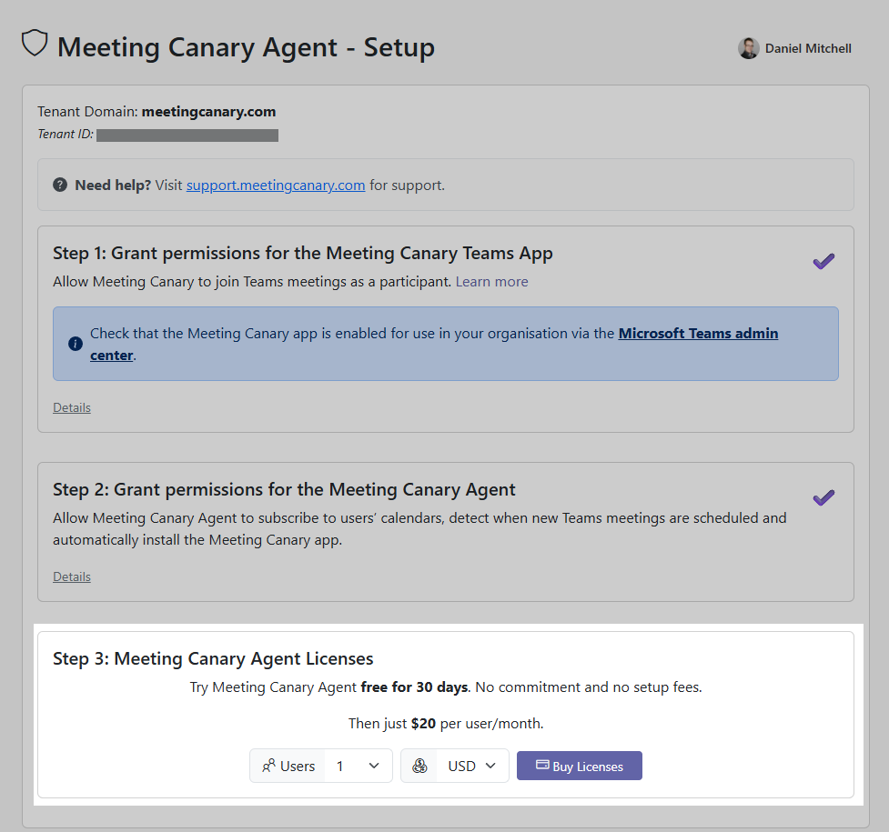 Meeting Canary Agent Setup payment