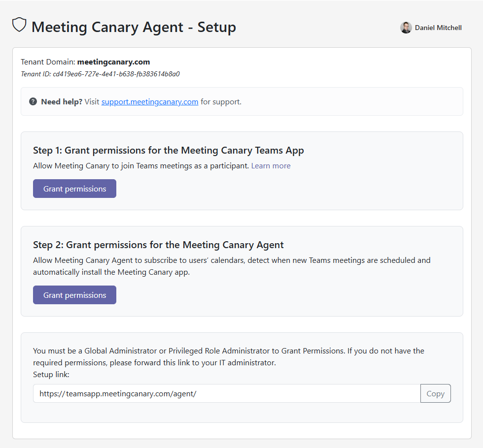 Meeting Canary Agent Setup page