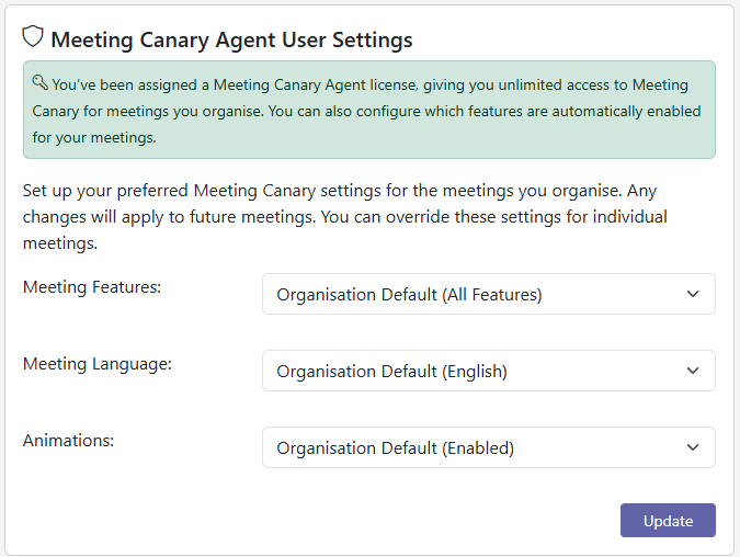 Meeting Canary Agent User Settings